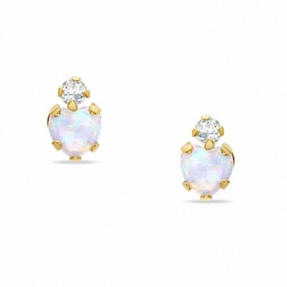 4mm Heart-Shaped Simulated Opal Stud Earrings in 10K Gold with CZ