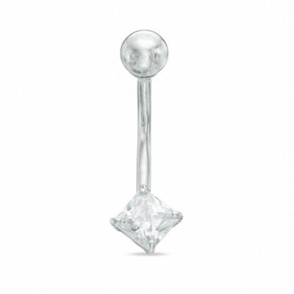 014 Gauge Belly Button Ring with Square-Cut Cubic Zirconia in 10K White Gold