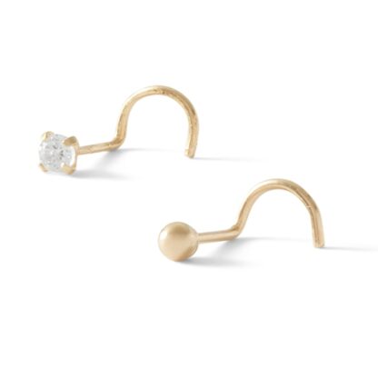 022 Gauge Nose Stud Set with Cubic Zirconia in Semi-Solid 14K Gold