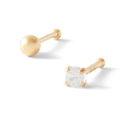 022 Gauge Nose Stud Set with Cubic Zirconia in 14K Hollow and Semi-Solid Gold