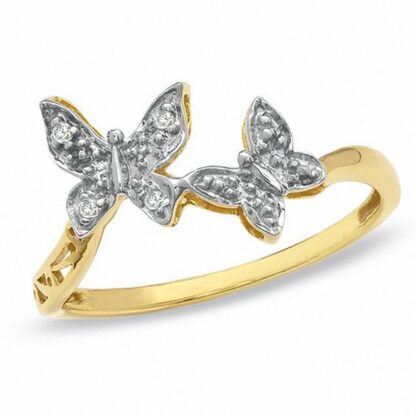 Diamond Accent Double Butterfly Ring in 18K Gold-Plated Sterling Silver - Size 7