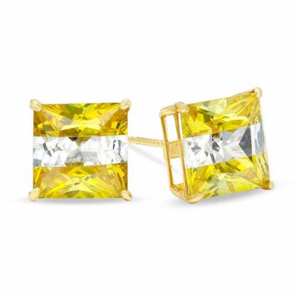 8.0mm Princess-Cut Yellow and White Cubic Zirconia Striped Stud Earrings in 10K Gold