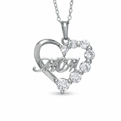 Cubic Zirconia MOM Half Heart Pendant in Sterling Silver