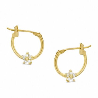 Cubic Zirconia Flower on Hoop Earrings in 10K Gold