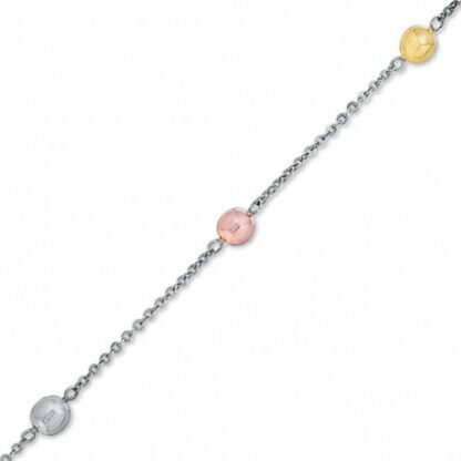 10K Tri-Tone Gold and Sterling Silver Bead Anklet - 9.5"