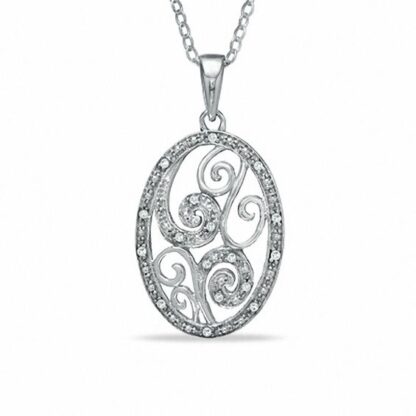 Diamond Accent Oval Open Swirls Pendant in Sterling Silver