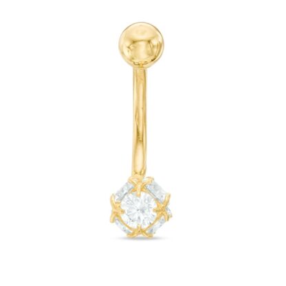 014 Gauge Spiked Ball Belly Button Ring with Cubic Zirconia in Semi-Solid 10K Gold