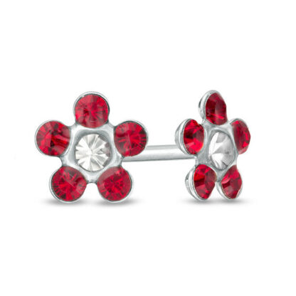 Red Crystal Daisy Stud Piercing Earrings in 14K White Gold