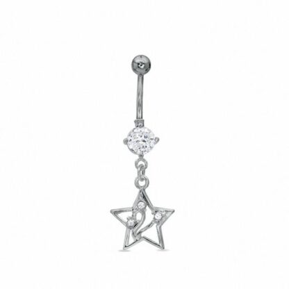 014 Gauge Star Dangle Belly Button Ring with Cubic Zirconia in Stainless Steel