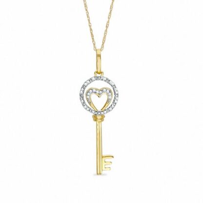 1/10 CT. T.W. Diamond Open Circle Open Heart Key Pendant in 10K Gold