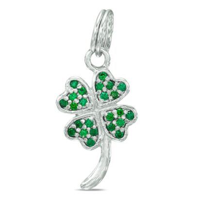 Green Cubic Zirconia Four Leaf Clover Dangle Charm in Sterling Silver