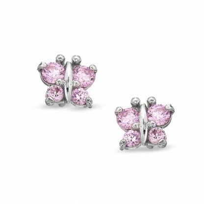 Child's Pink Cubic Zirconia Butterfly Stud Earrings in 10K White Gold