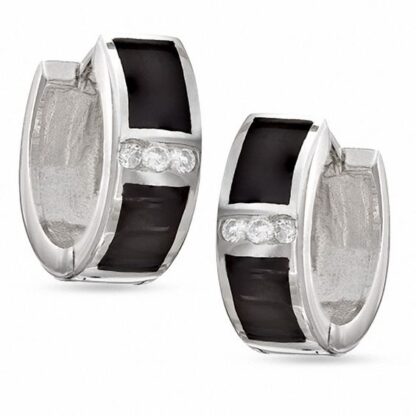 Sterling Silver with Black Enamel Bar Huggie Hoop Earrings