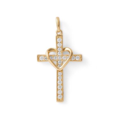 Cubic Zirconia Heart Cross Charm in 10K Solid Gold