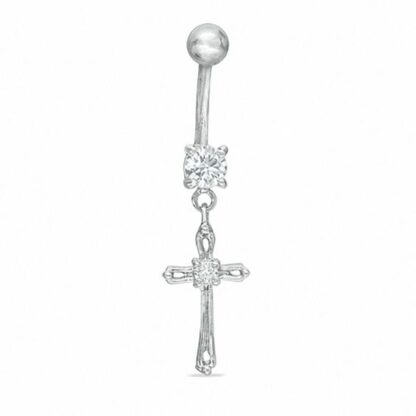 014 Gauge Cubic Zirconia Cross Dangle Belly Button Ring in Stainless Steel
