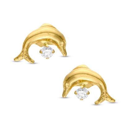 Cubic Zirconia Dolphin Stud Earrings in 10K Gold