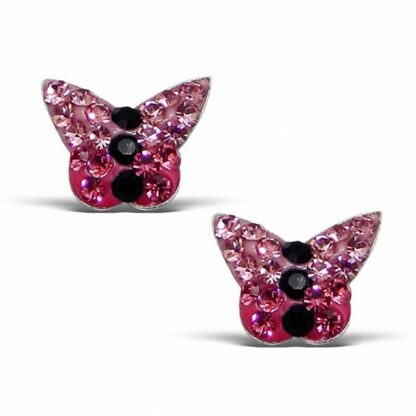 Child's Pink and Black Crystal Butterfly Stud Earrings in Sterling Silver