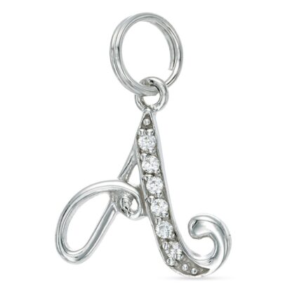 Cubic Zirconia Calligraphy Initial "A" Bracelet Charm in Sterling Silver