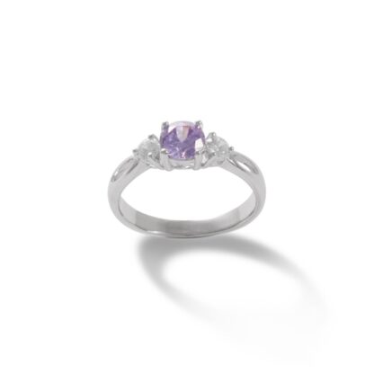 Lavender and White Cubic Zirconia Three Stone Ring in Sterling Silver - Size 6