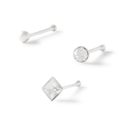 022 Gauge Nose Stud Set with Crystals in Semi-Solid Sterling Silver