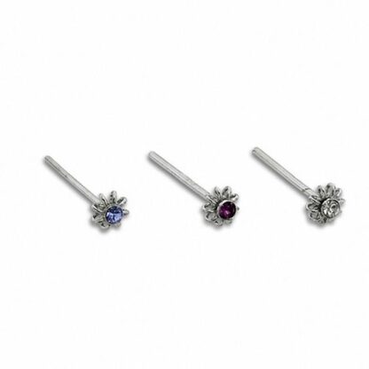 022 Gauge Flower Nose Stud Set with Multi-Color Crystals in Semi-Solid Sterling Silver