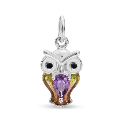 Pear-Shaped Purple Cubic Zirconia and Multi-Color Enamel Owl Charm in Sterling Silver