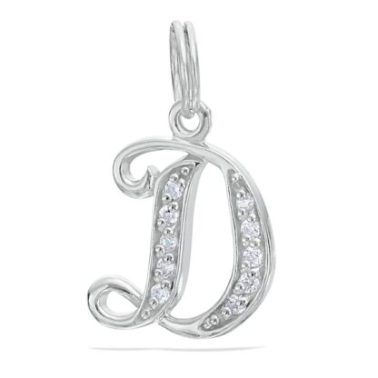 Cubic Zirconia Calligraphy Initial "D" Bracelet Charm in Sterling Silver