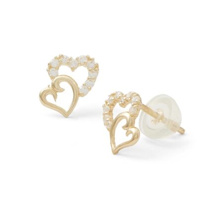 Cubic Zirconia Offset Double Heart Stud Earrings in 10K Gold