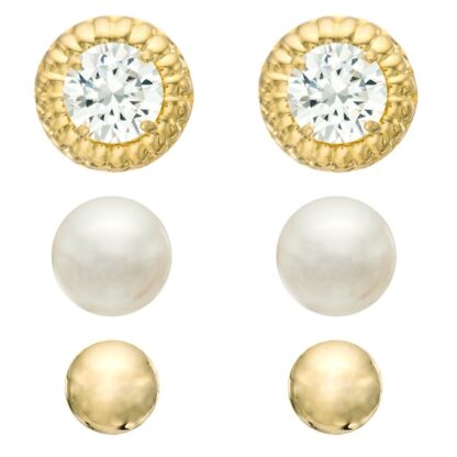 6mm Simulated Pink Pearl, Cubic Zirconia and Polished Ball Earrings Set in 10K Gold