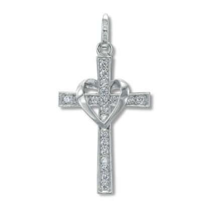 Cubic Zirconia Heart Wrapped Cross Necklace Charm in 10K White Gold