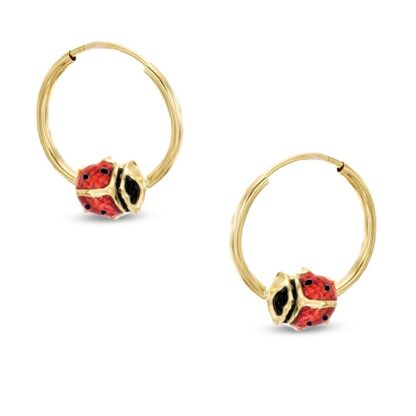 Child's Red Enamel Ladybug Continuous Hoop Earrings in 10K Gold