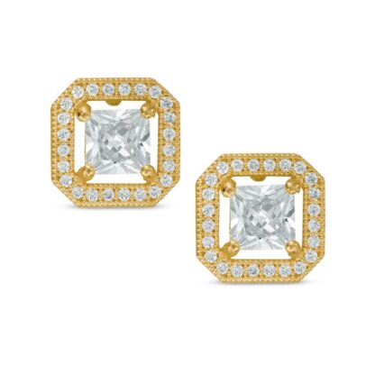 5.0mm Princess-Cut Cubic Zirconia Octagonal Frame Stud Earrings in 14K Gold