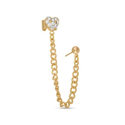 Ball Stud with White Glass Heart Ear Cuff Chain Single Earring in Yellow Metal