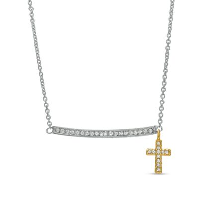 Crystal Bar Necklace with Cross Dangle in Two-Tone Rhodium Brass