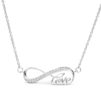 Cubic Zirconia Sideways Infinity with "love" Necklace in Sterling Silver