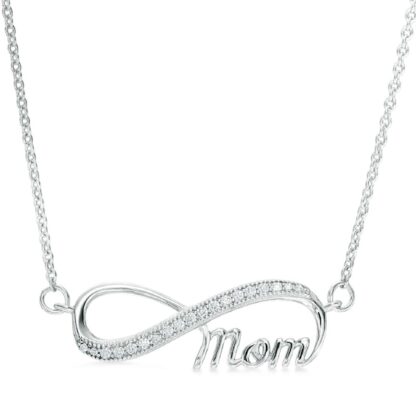 Cubic Zirconia Sideways Infinity with "Mom" Necklace in Sterling Silver