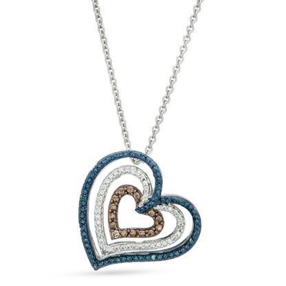 Enhanced Blue, Champagne and White Diamond Accent Layered Heart Pendant in Sterling Silver
