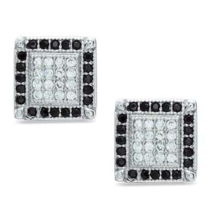 Black and White Cubic Zirconia Square Frame Stud Earrings in Solid Sterling Silver