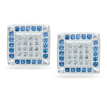 Blue and White Cubic Zirconia Square Frame Stud Earrings in Sterling Silver