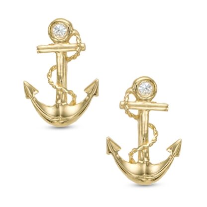 Cubic Zirconia Anchor Stud Earrings in 10K Gold