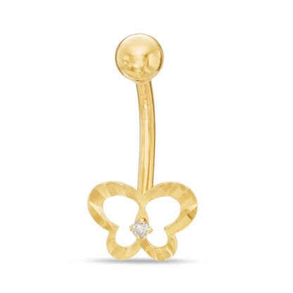 014 Gauge Diamond-Cut Butterfly Belly Button Ring with Diamond Accent in 10K Gold