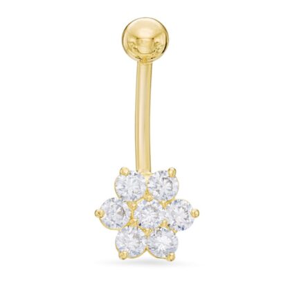 014 Gauge Cubic Zirconia Flower Belly Button Ring in Solid 10K Gold