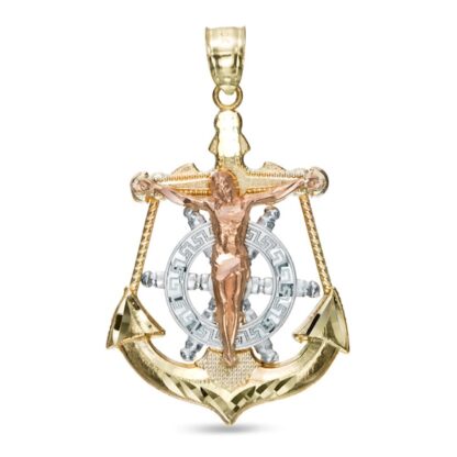 Medium Anchor Crucifix Necklace Charm in 10K Tri-Tone Gold