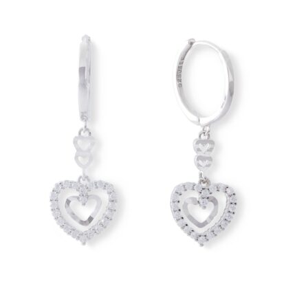 Cubic Zirconia Double Hearts Dangle Drop Earrings in Solid Sterling Silver