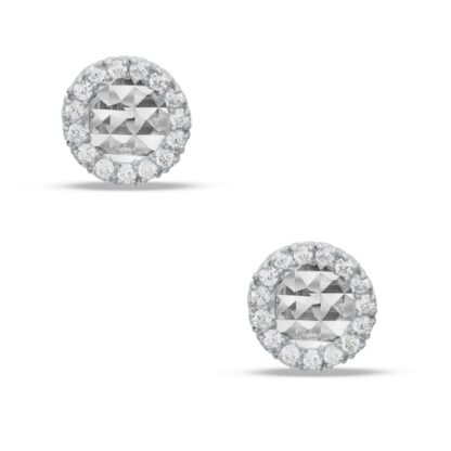 Cubic Zirconia Frame Diamond-Cut Disc Stud Earrings in 14K White Gold