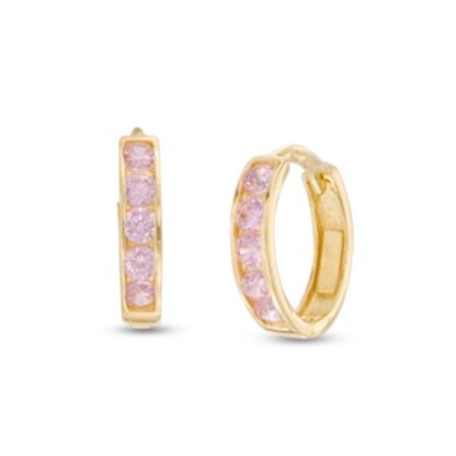 Pink Cubic Zirconia Five Stone Huggie Hoop Earrings in 14K Gold