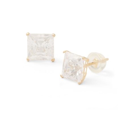 7mm Square Cubic Zirconia Solitaire Stud Earrings in 14K Gold