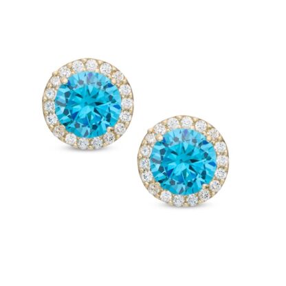 6mm Blue Cubic Zirconia Frame Stud Earrings in 14K Gold