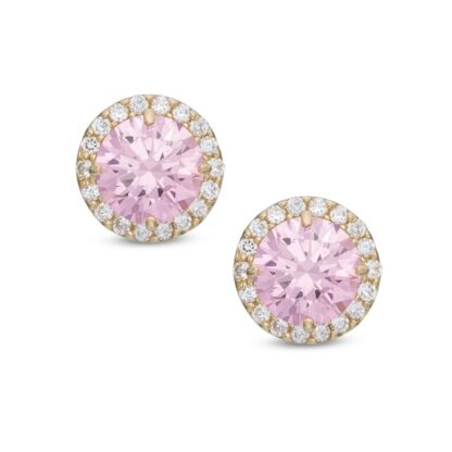 6mm Pink Cubic Zirconia Frame Stud Earrings in 14K Gold