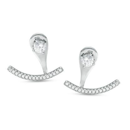 Cubic Zirconia Solitaire Stud Earrings and Curved Bar Pendulum Drop Jackets in Sterling Silver